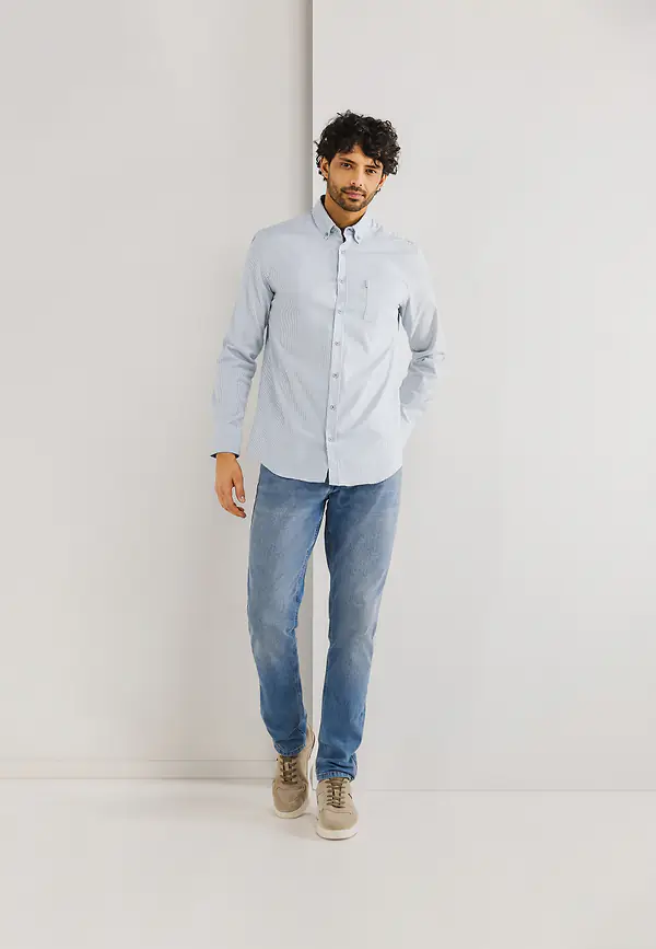 State Of Art Gestreept Overhemd Van Oxfordstof Wit/grijsblauw