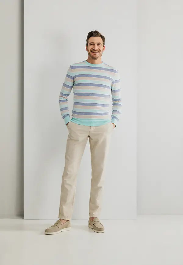 State Of Art Gestreepte Trui Van Katoen Greige/mintblauw