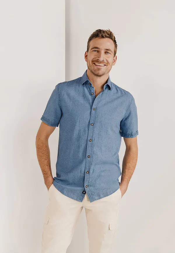 state of art Indigo overhemd met korte mouwen grijsblauw uni