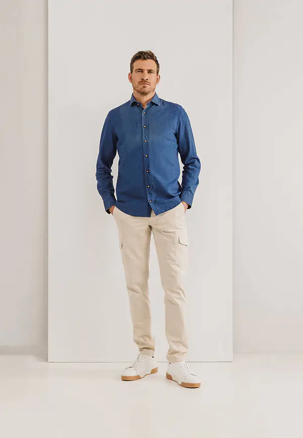 State Of Art Indigo Overhemd Van Een Linnenmix Kobalt Uni