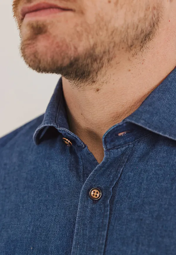 State Of Art Indigo Overhemd Van Een Linnenmix Kobalt Uni