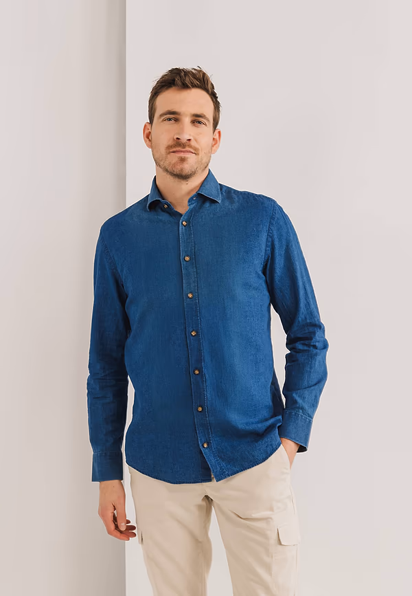 state of art Indigo overhemd van een linnenmix kobalt uni