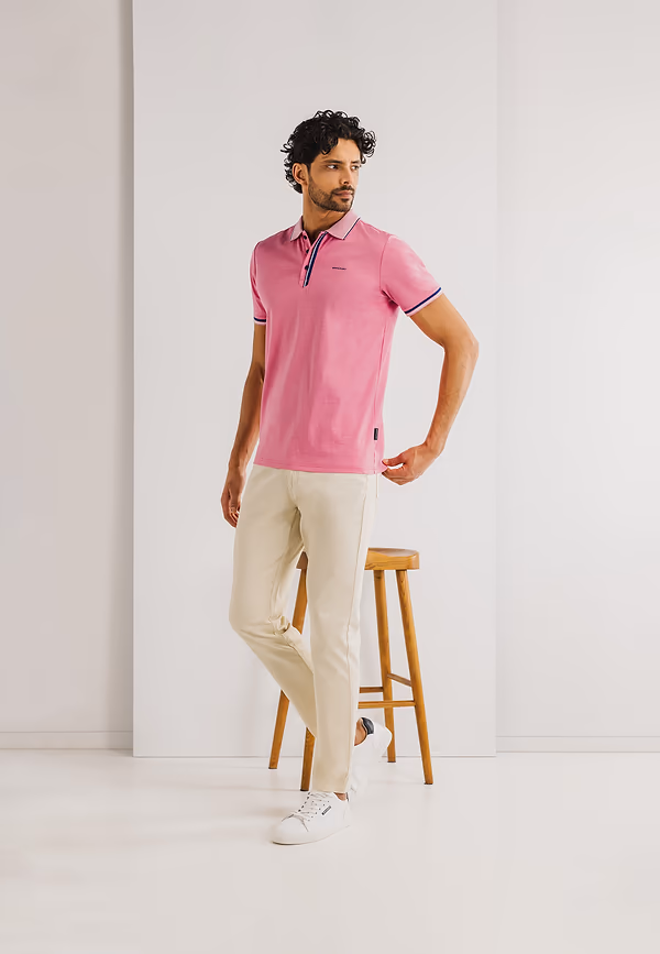 State Of Art Jersey-Oxford Polo Van Gemerceriseerd Katoen Flamingo/greige