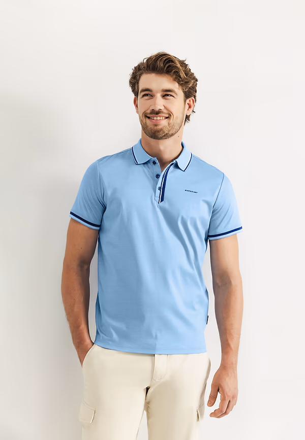 state of art Jersey-Oxford polo van gemerceriseerd katoen middenblauw/greige