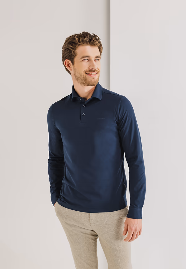 state of art Jersey polo met geweven kraag donkerblauw uni