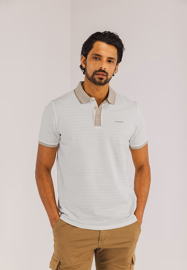 state of art Jersey polo met structuurpatroon wit/beige