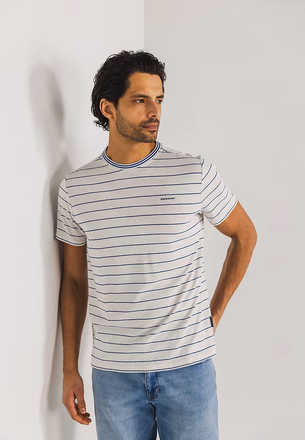 state of art Jersey T-shirt van een linnenmix gebroken wit/kobalt