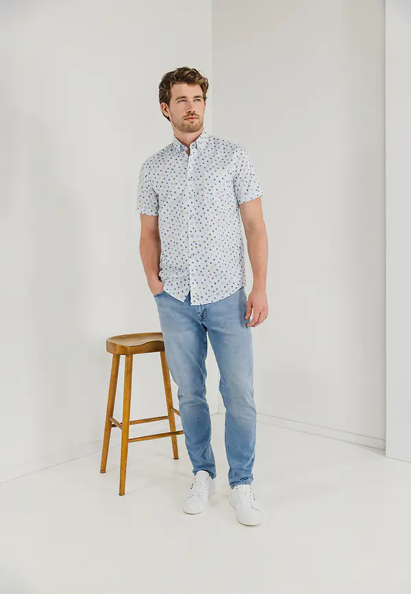 State Of Art Korte Mouw Overhemd Met Borstzak Wit/grijsblauw