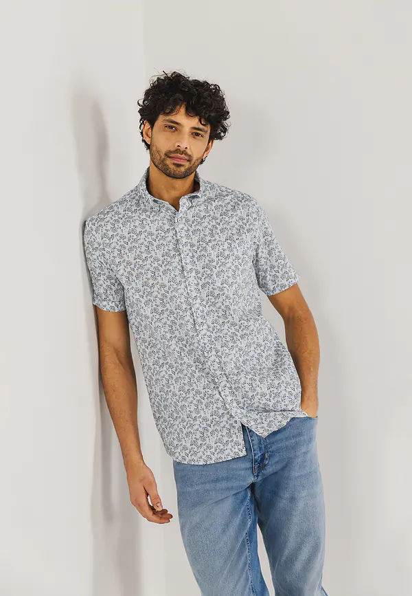 state of art Korte mouw overhemd met borstzak wit/grijsblauw