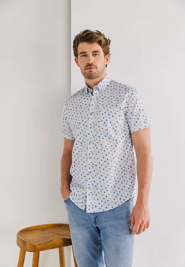 state of art Korte mouw overhemd met borstzak wit/grijsblauw