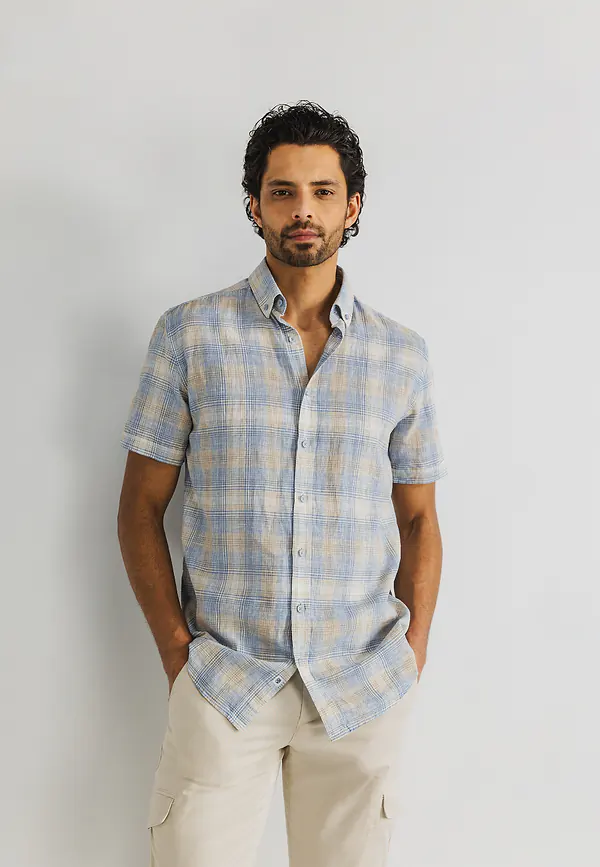 state of art Korte mouw overhemd met ruitdessin wit/beige