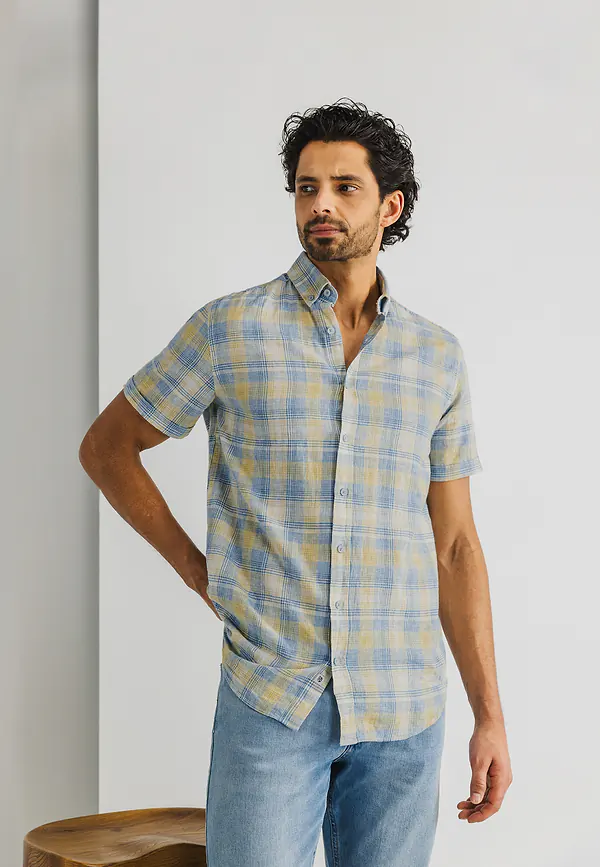 state of art Korte mouw overhemd met ruitdessin wit/lichtgeel