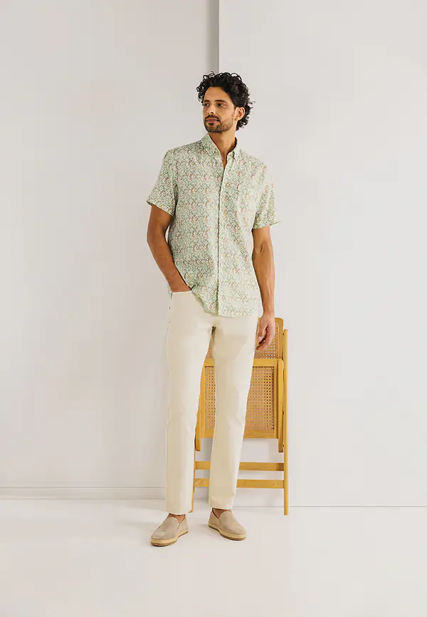 State Of Art Korte Mouw Overhemd Van Een Linnen-mix Wit/bladgroen