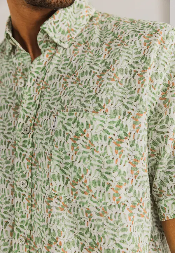 State Of Art Korte Mouw Overhemd Van Een Linnen-mix Wit/bladgroen