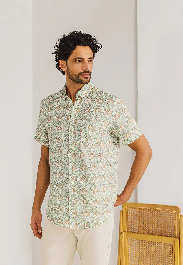 state of art Korte mouw overhemd van een linnen-mix wit/bladgroen