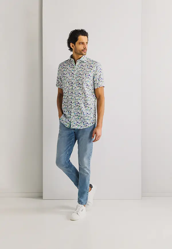 State Of Art Korte Mouw Overhemd Van Een Linnenmix Wit/jade