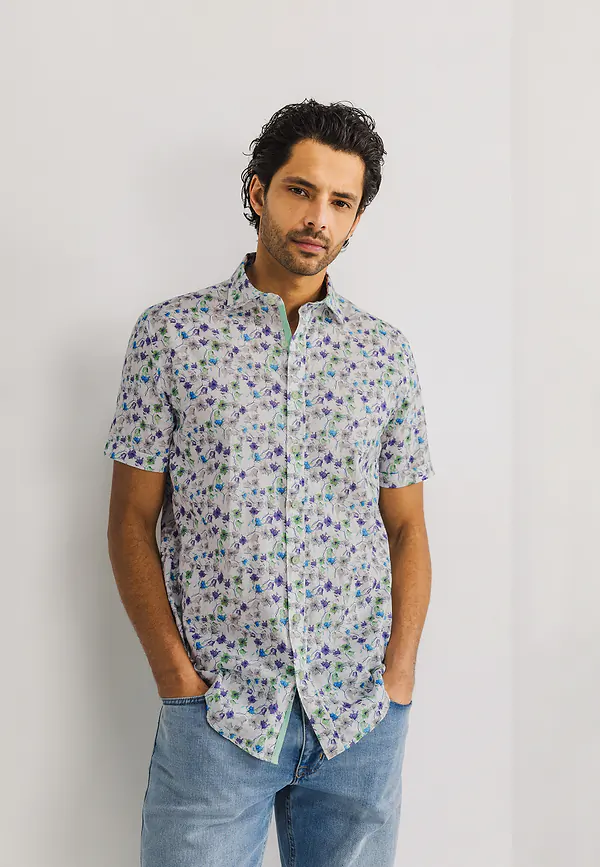 state of art Korte mouw overhemd van een linnenmix wit/jade