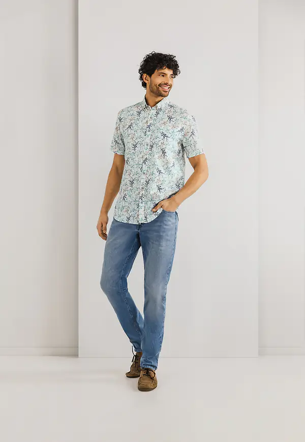 State Of Art Korte Mouw Overhemd Van Een Linnenmix Wit/mintblauw