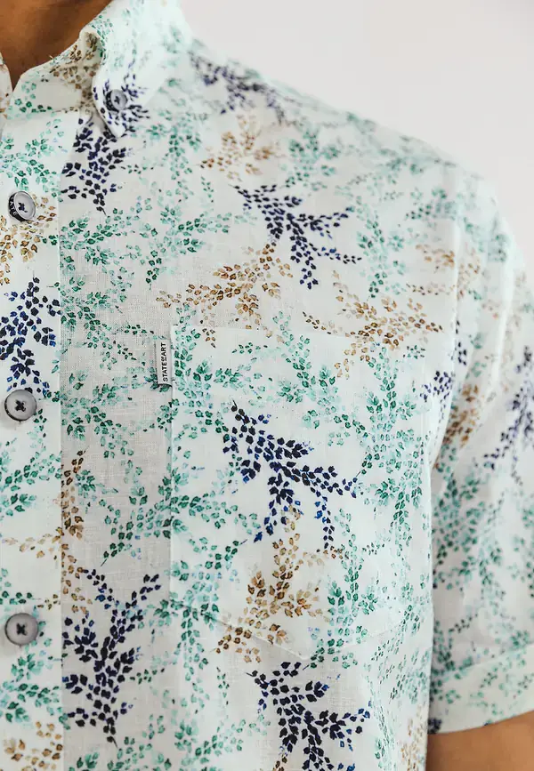 State Of Art Korte Mouw Overhemd Van Een Linnenmix Wit/mintblauw