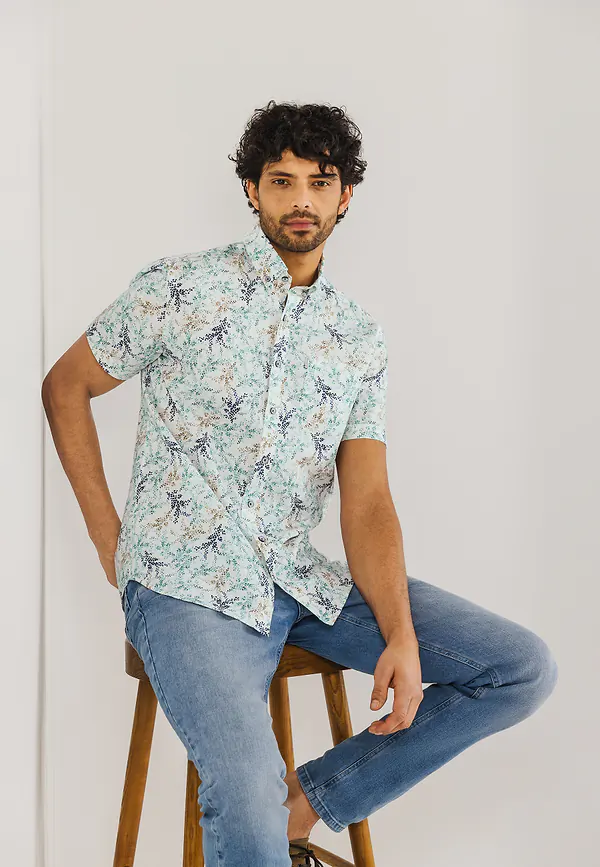 state of art Korte mouw overhemd van een linnenmix wit/mintblauw