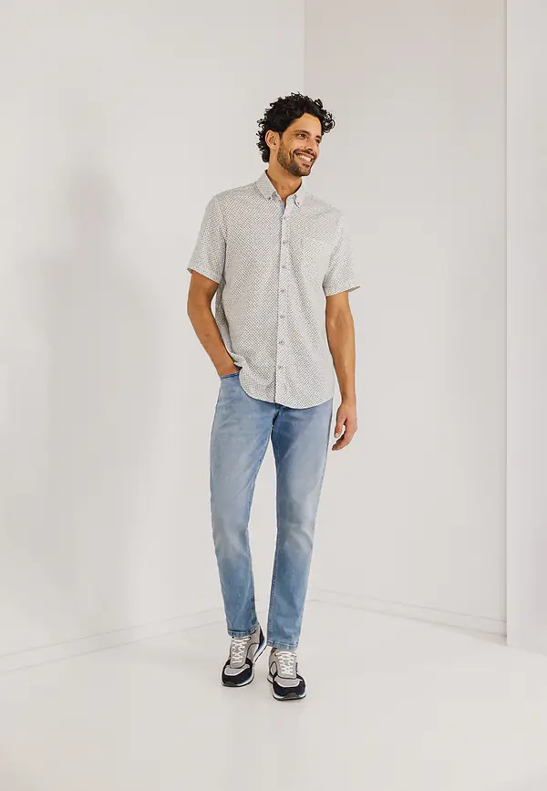 State Of Art Korte Mouw Overhemd Van Katoen Met Linnen Wit/grijsblauw