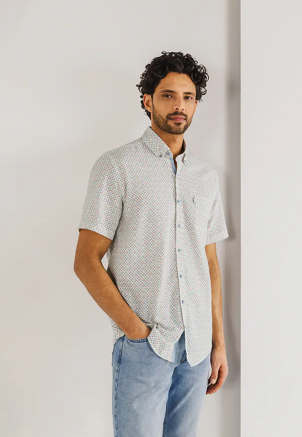 state of art Korte mouw overhemd van katoen met linnen wit/grijsblauw