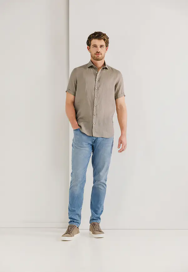 State Of Art Korte Mouw Overhemd Van Linnen Beige Uni