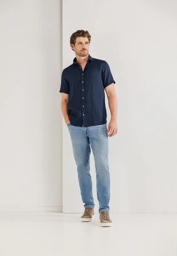State Of Art Korte Mouw Overhemd Van Linnen Donkerblauw Uni