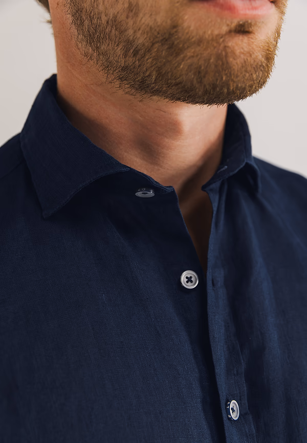 State Of Art Korte Mouw Overhemd Van Linnen Donkerblauw Uni