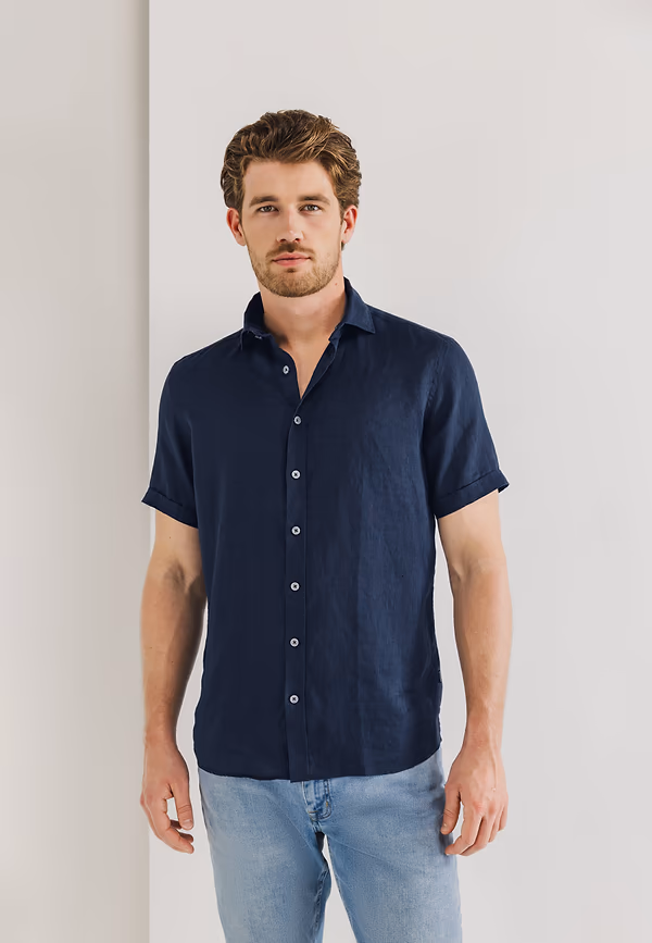 state of art Korte mouw overhemd van linnen donkerblauw uni