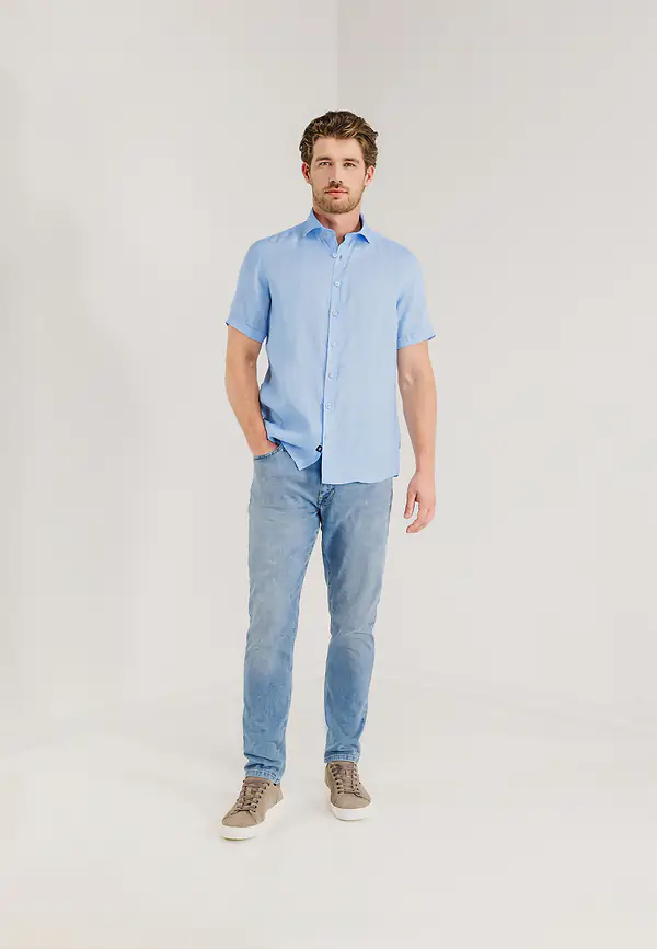 State Of Art Korte Mouw Overhemd Van Linnen Middenblauw Uni