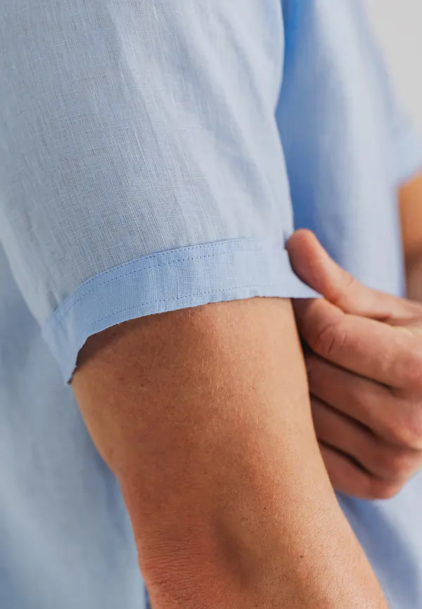 State Of Art Korte Mouw Overhemd Van Linnen Middenblauw Uni