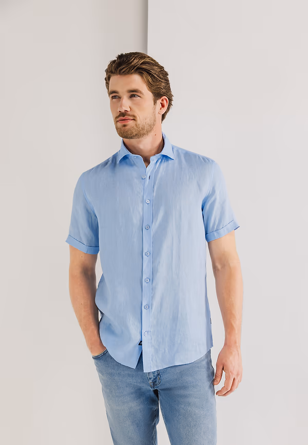 state of art Korte mouw overhemd van linnen middenblauw uni