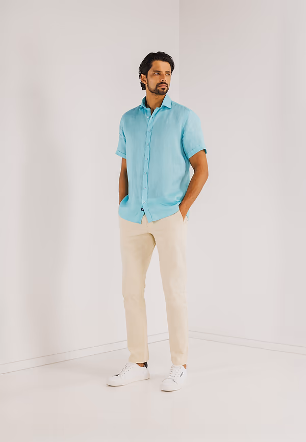 State Of Art Korte Mouw Overhemd Van Linnen Mintblauw Uni