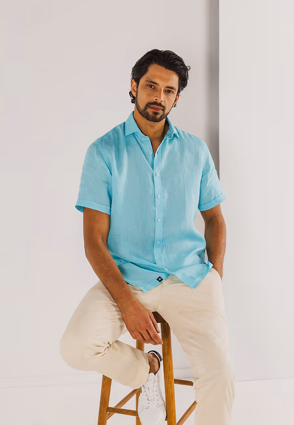 state of art Korte mouw overhemd van linnen mintblauw uni