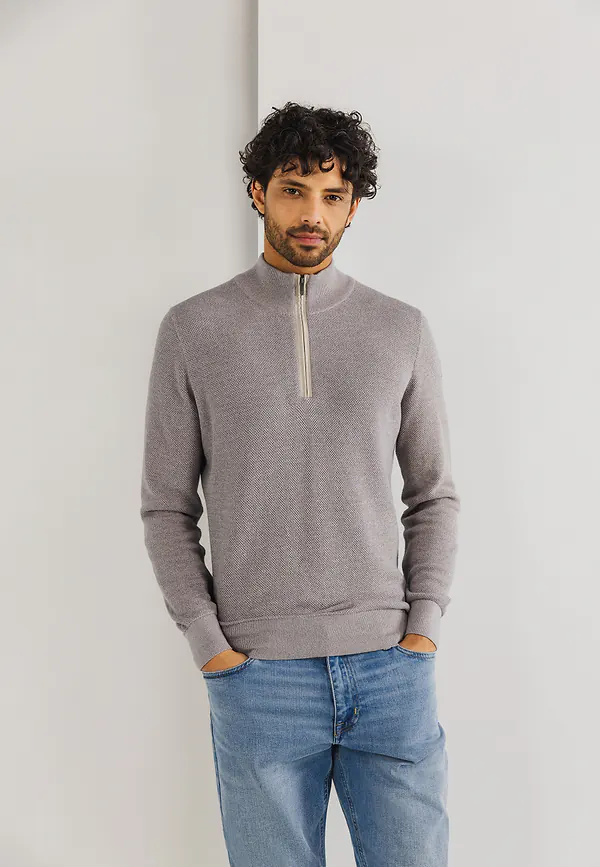 state of art Mouliné trui met rijstkorrelpatroon beige/warm grijs