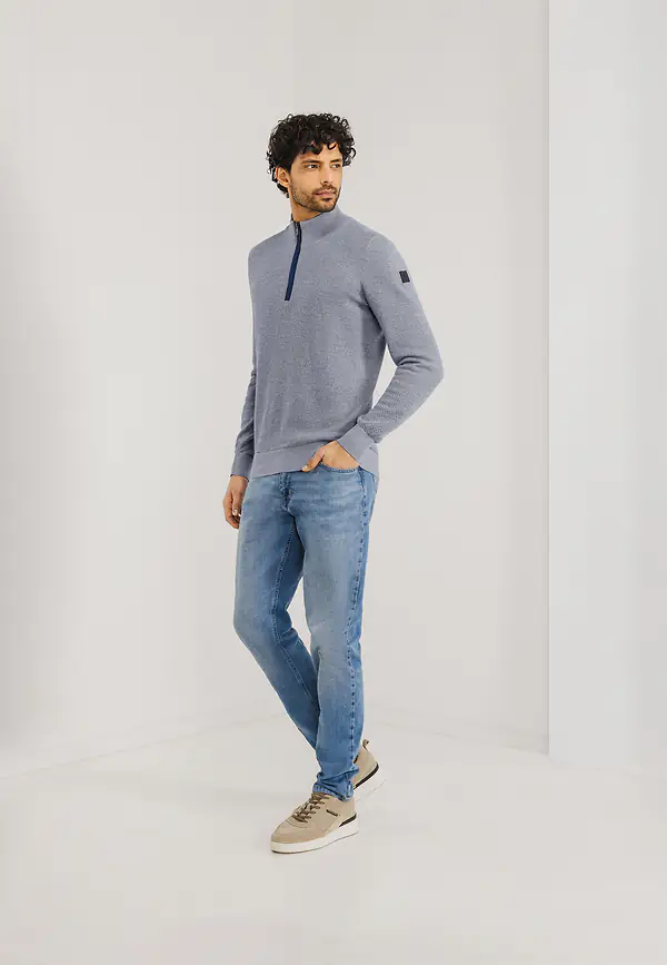 State Of Art Mouliné Trui Met Rijstkorrelpatroon Grijsblauw/warm Grijs