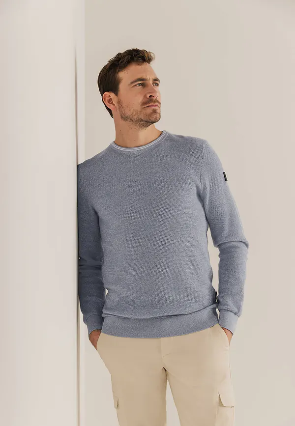 state of art Mouliné trui met rijstkorrelpatroon grijsblauw/warm grijs