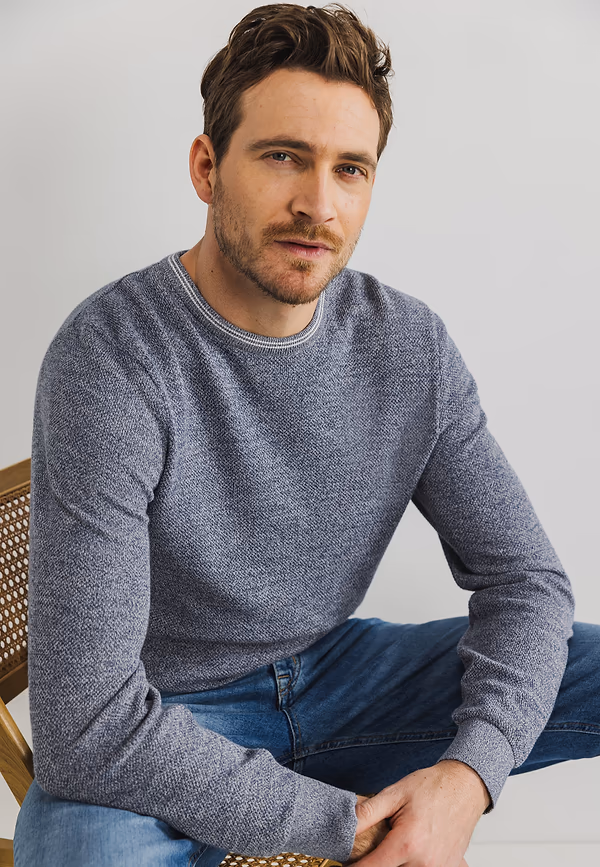 state of art Mouliné trui met rijstkorrelpatroon kobalt/warm grijs