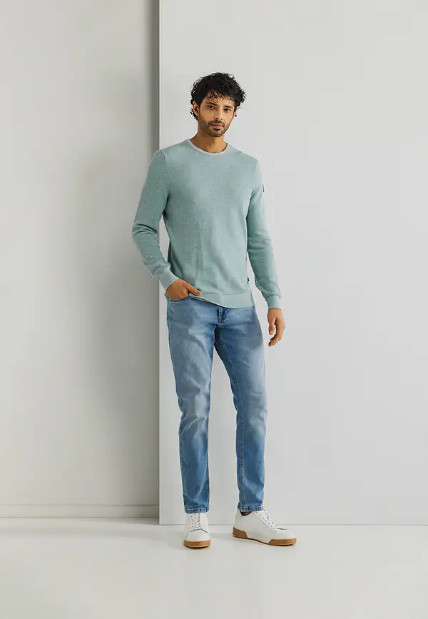 State Of Art Mouliné Trui Met Rijstkorrelpatroon Mintblauw/warm Grijs