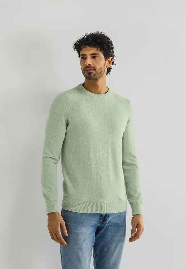 state of art Mouliné trui met ronde hals bladgroen/wit