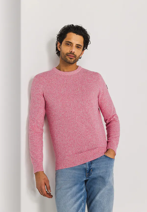 state of art Mouliné trui met ronde hals flamingo/wit