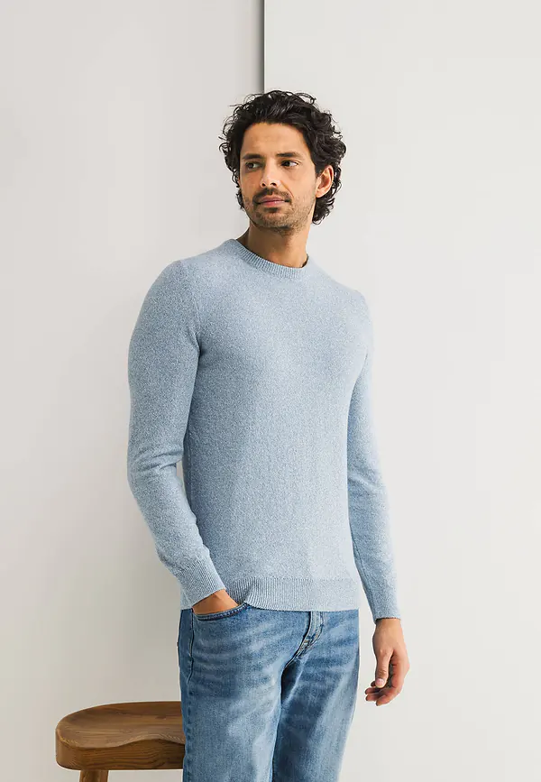 state of art Mouliné trui met ronde hals grijsblauw/wit