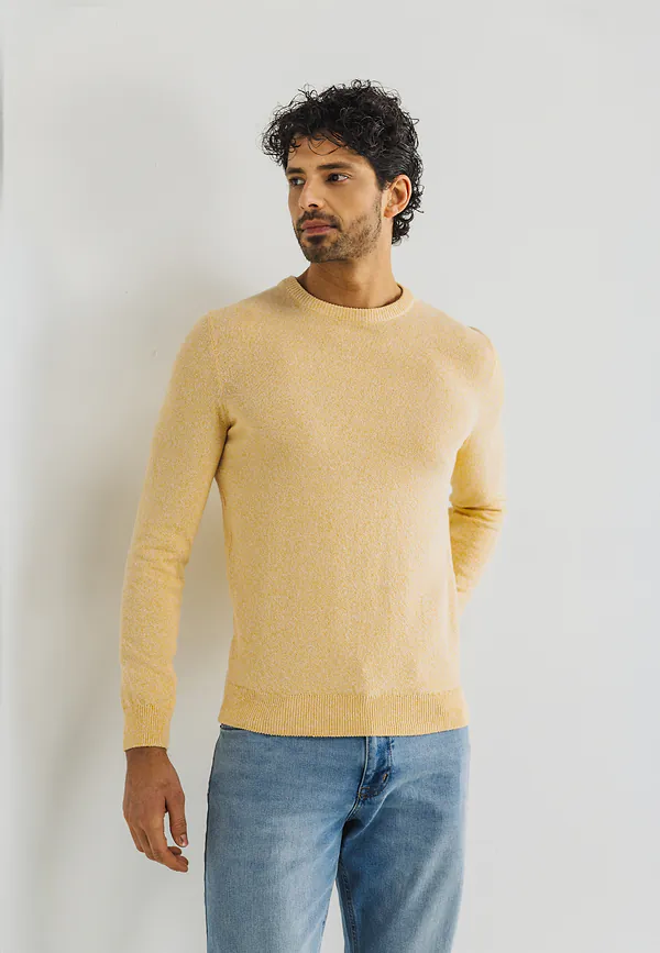 state of art Mouliné trui met ronde hals lichtgeel/wit