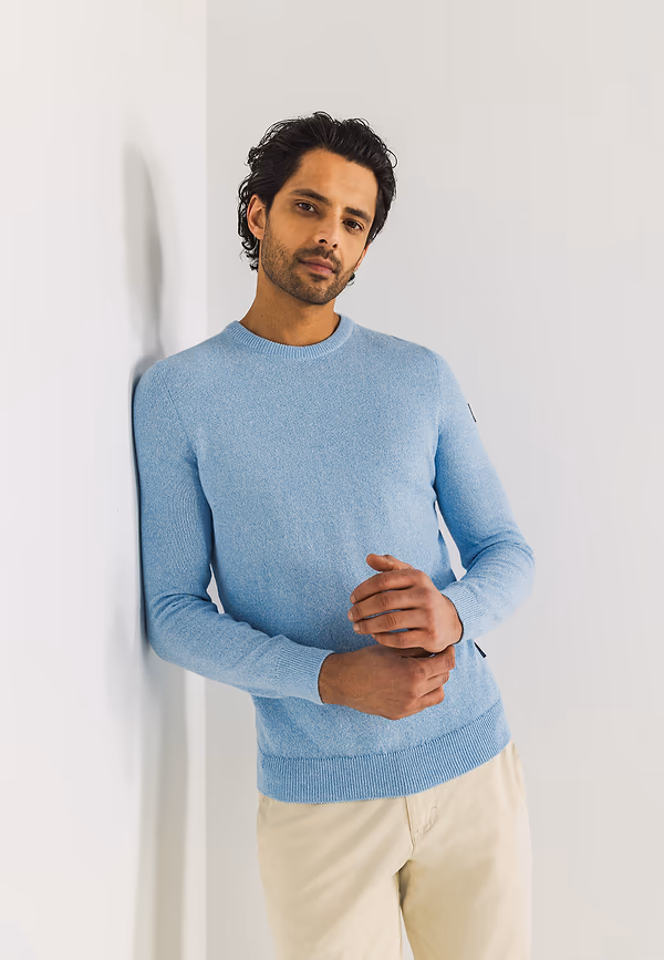 state of art Mouliné trui met ronde hals middenblauw/wit