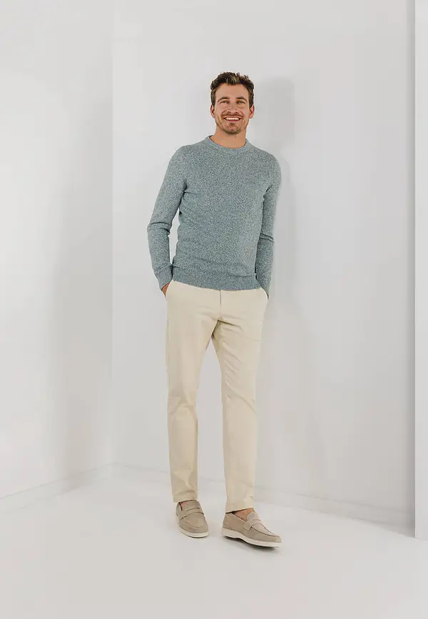 state of art Mouliné trui met ronde hals petrol/wit