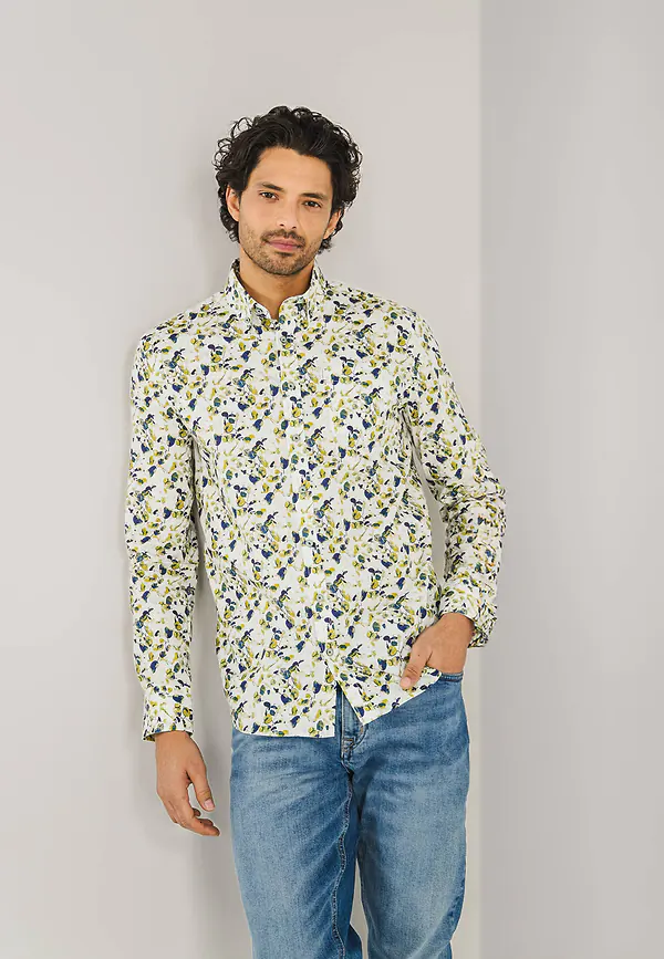 state of art Overhemd met abstract bladpatroon wit/lime