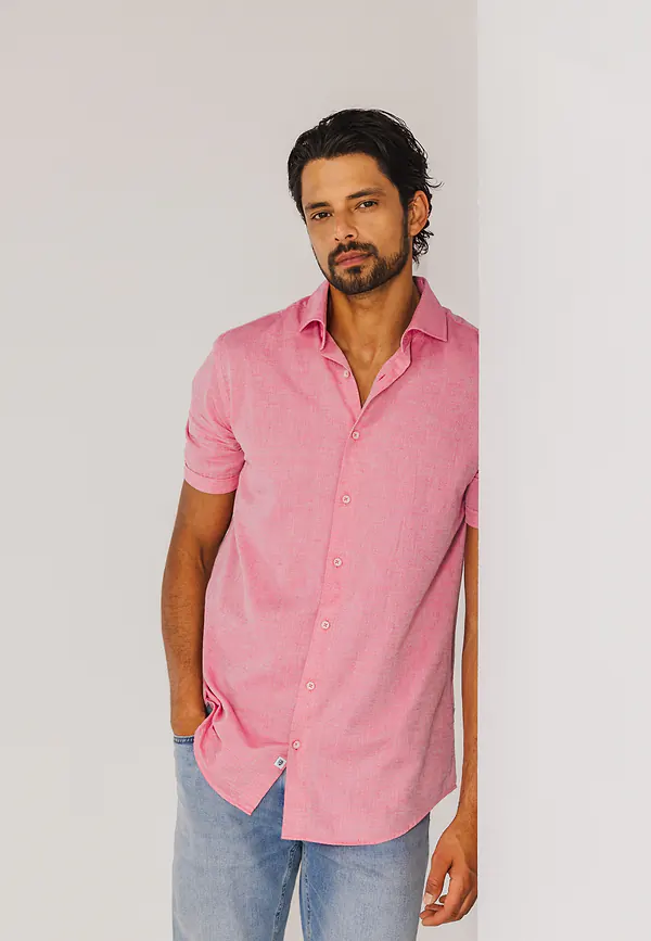 state of art Overhemd met biologisch katoen en linnen flamingo/wit