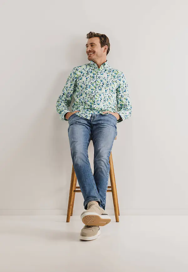 State Of Art Overhemd Met Botanische Print Wit/grijsblauw