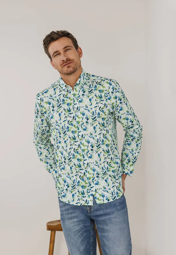 State Of Art Overhemd Met Botanische Print Wit/grijsblauw